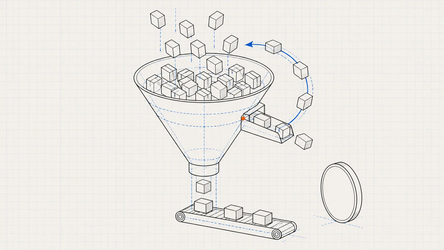 Technical drawing of a funnel: many parcels enter at the top, some leave through a side chute and loop back, and fewer reach the conveyor at the bottom, next to a coin.