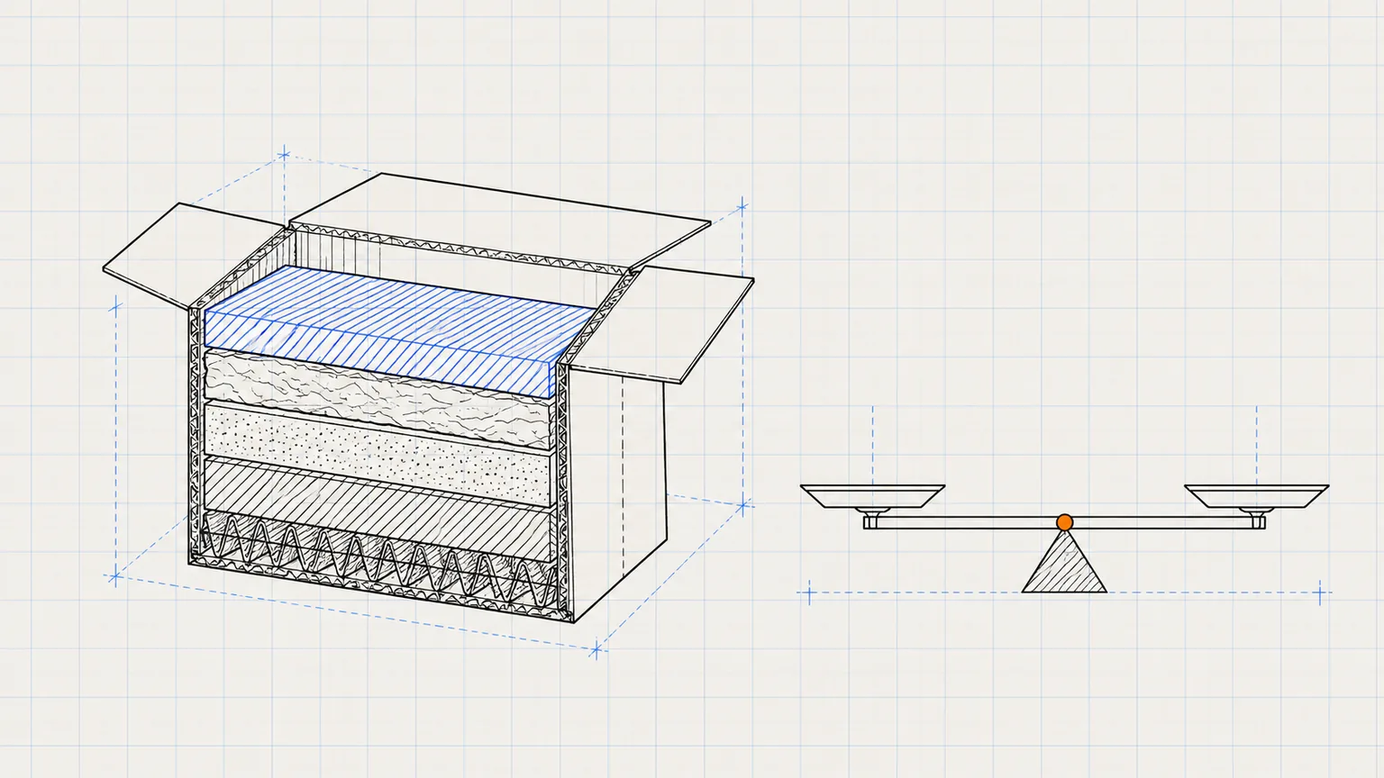 Cut-away drawing of a shipping box showing stacked layers of costs, with the top layer hatched in blue as what is left over, next to a balance resting level.