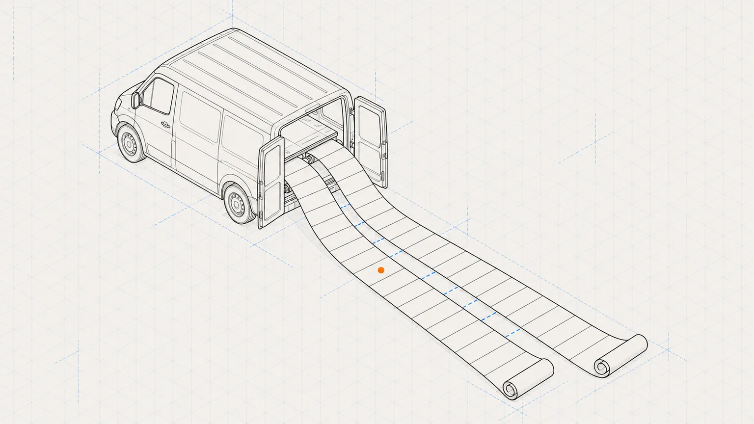 Technical drawing of a delivery van with two ledger strips unrolling side by side, matching rows linked by dashed blue lines and one row marked in orange.